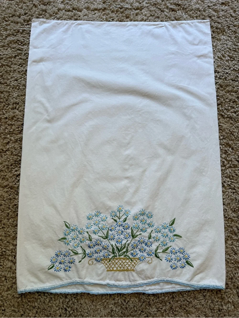 VTG Pair Embroidered Pillowcases Blue Flower Basket Cottagecore Crochet Edge